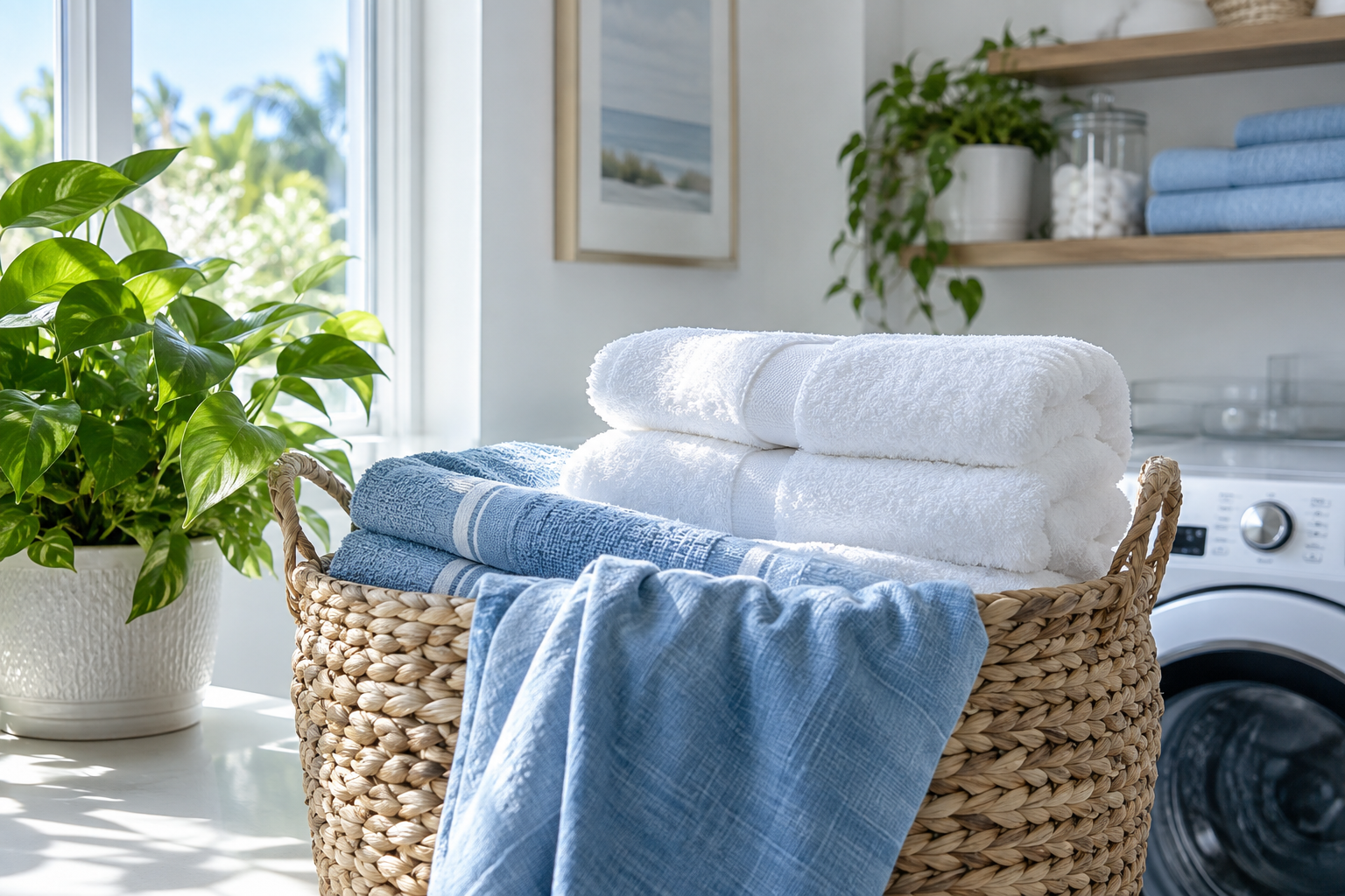 Freshly folded towels and blue linens in a basket in a bright, sunlit home